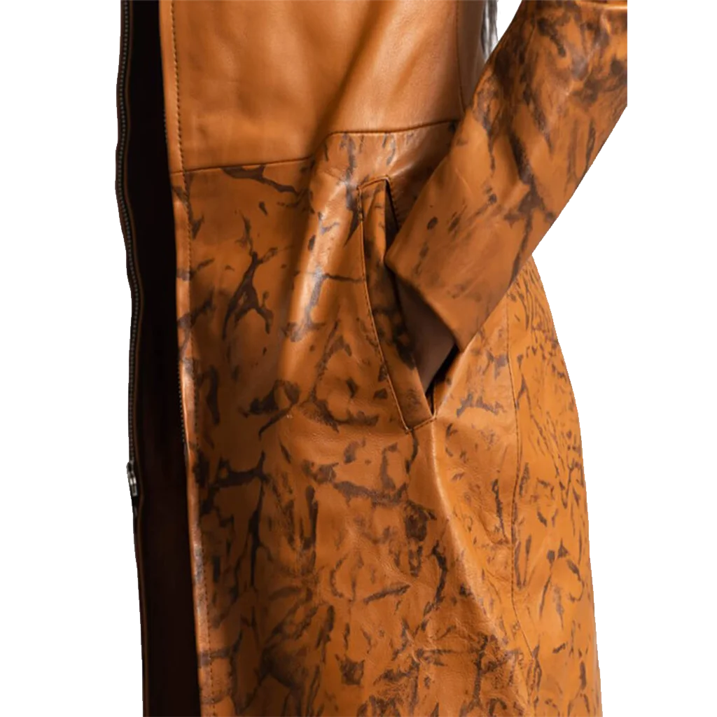 Women’s Camel and Marbled Brown Collarless Leather Coat