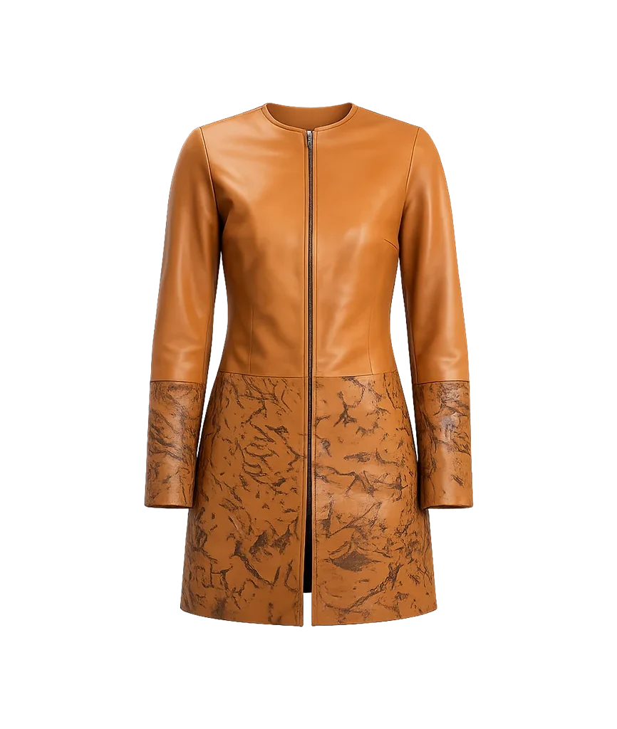 Women’s Camel and Marbled Brown Collarless Leather Coat