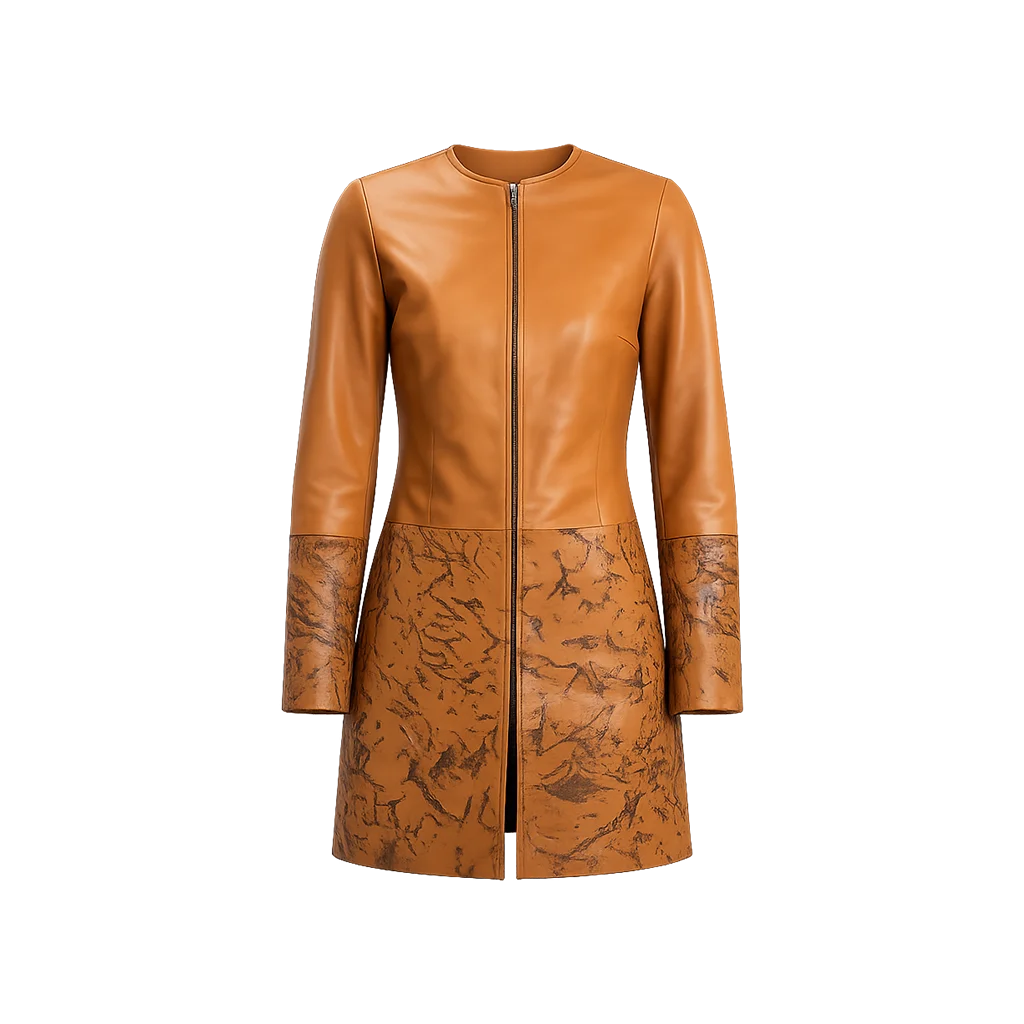 Women’s Camel and Marbled Brown Collarless Leather Coat