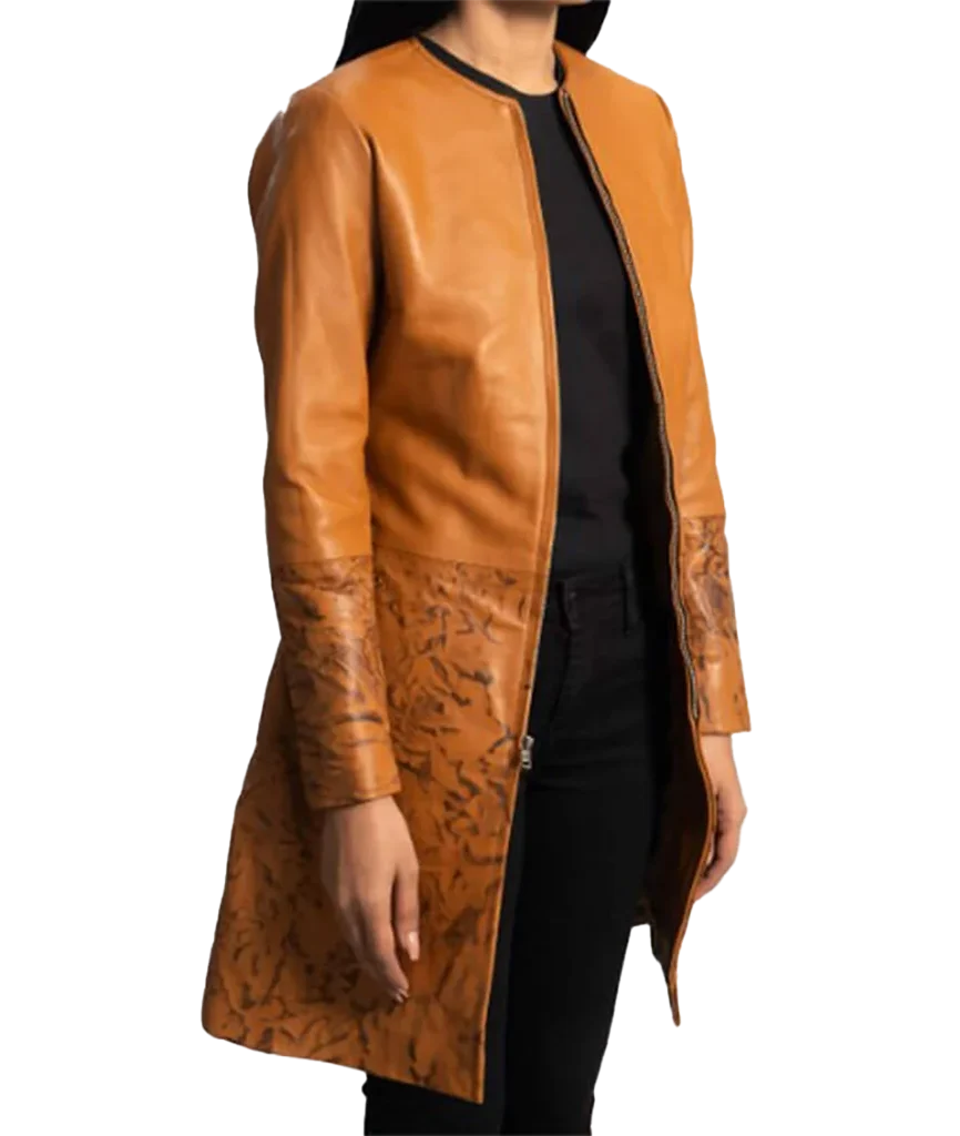 Women’s Camel and Marbled Brown Collarless Leather Coat