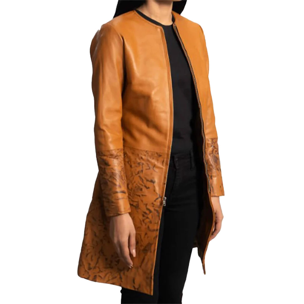 Women’s Camel and Marbled Brown Collarless Leather Coat