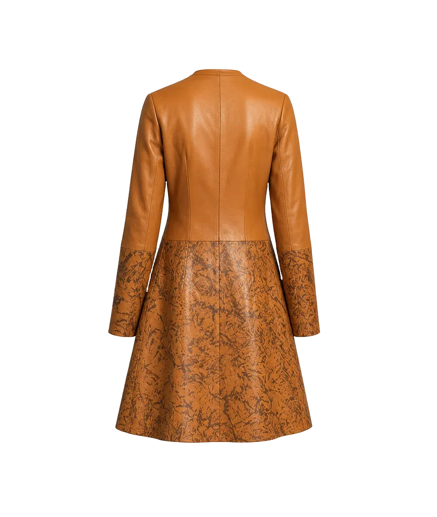 Women’s Camel and Marbled Brown Collarless Leather Coat
