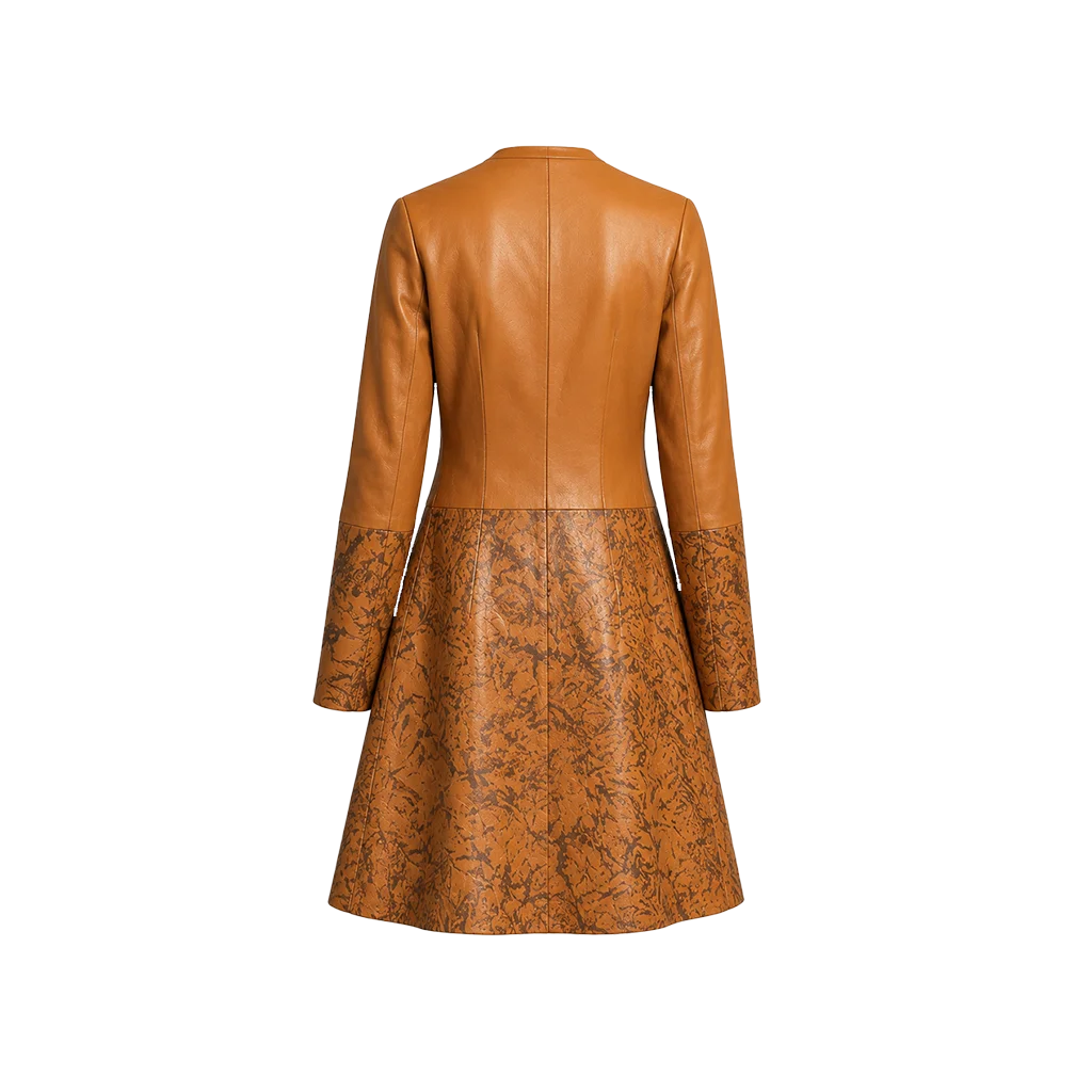 Women’s Camel and Marbled Brown Collarless Leather Coat