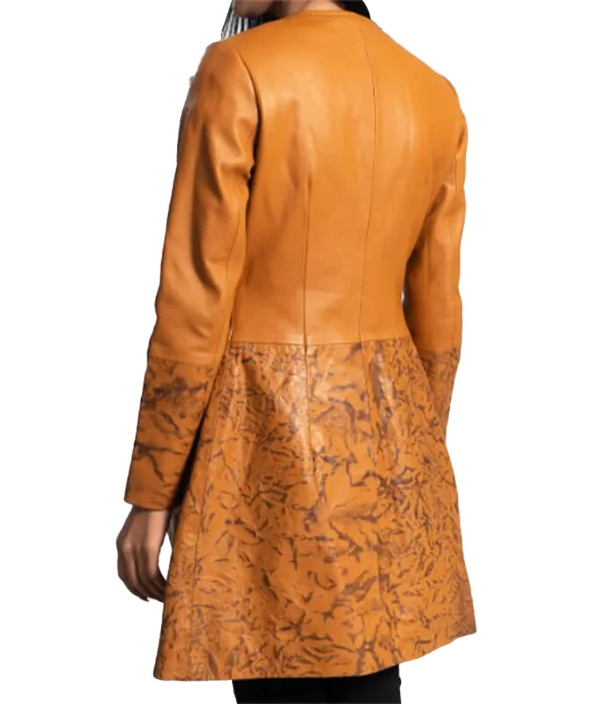 Women’s Camel and Marbled Brown Collarless Leather Coat