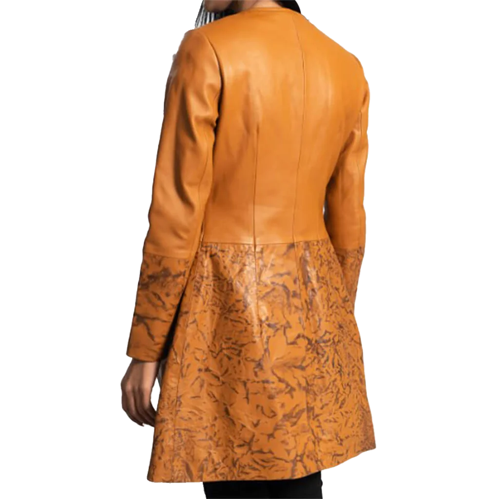 Women’s Camel and Marbled Brown Collarless Leather Coat
