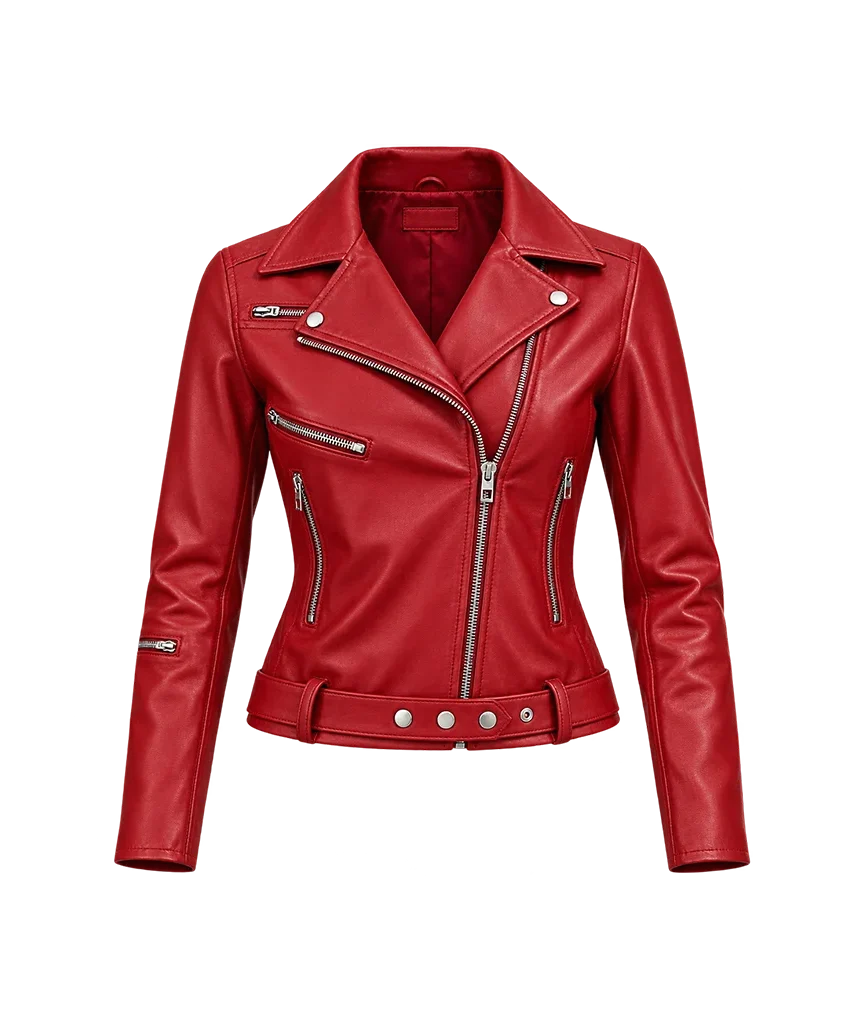 Women’s Classic Red Leather Asymmetrical Moto Jacket