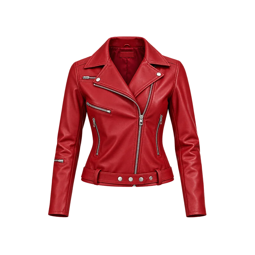Women’s Classic Red Leather Asymmetrical Moto Jacket