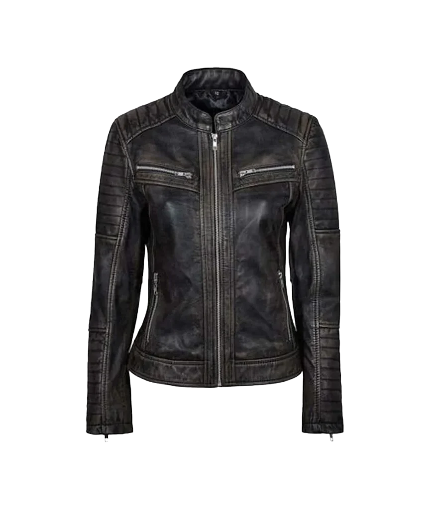 Women’s Distressed Black Leather Moto Jacket