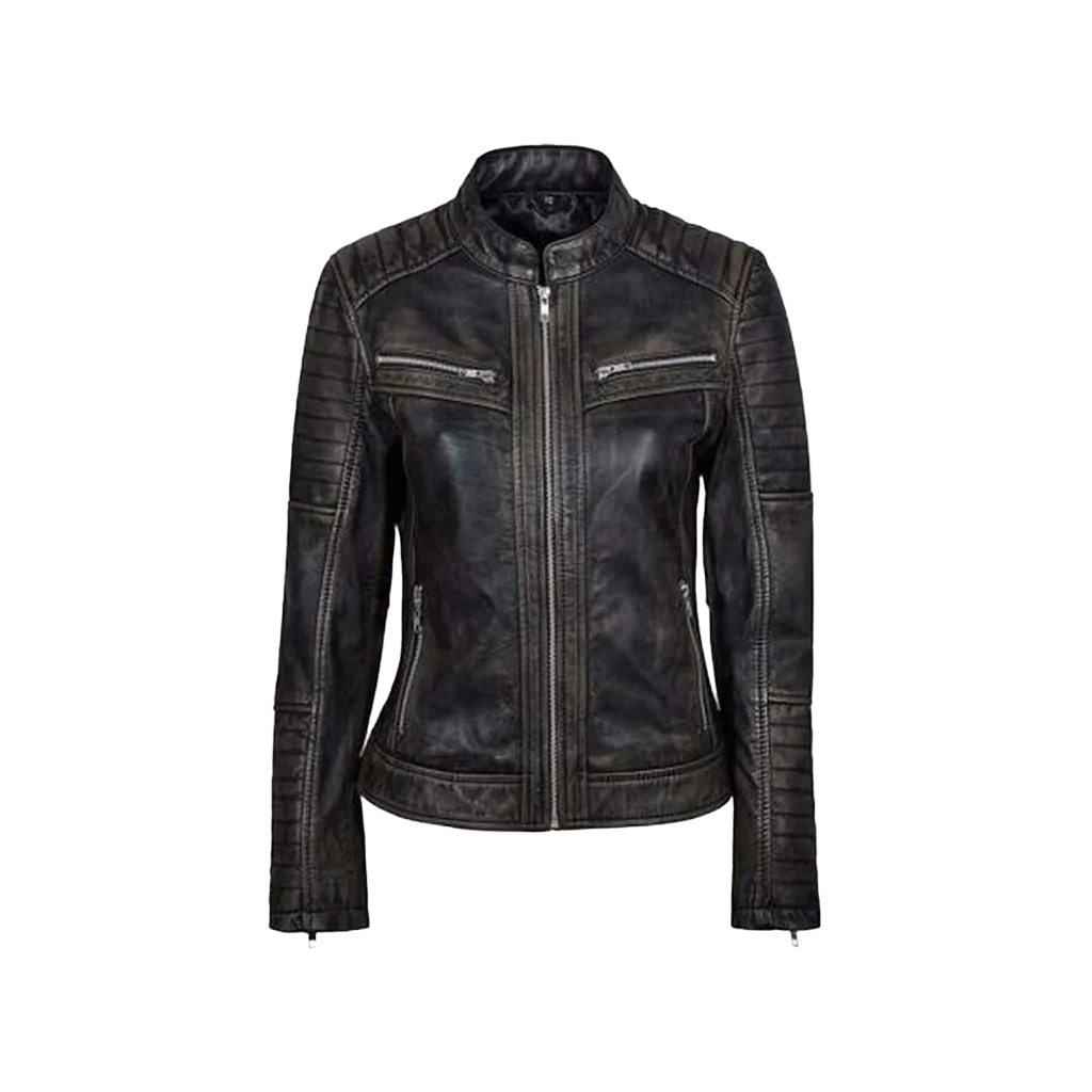 Women’s Distressed Black Leather Moto Jacket