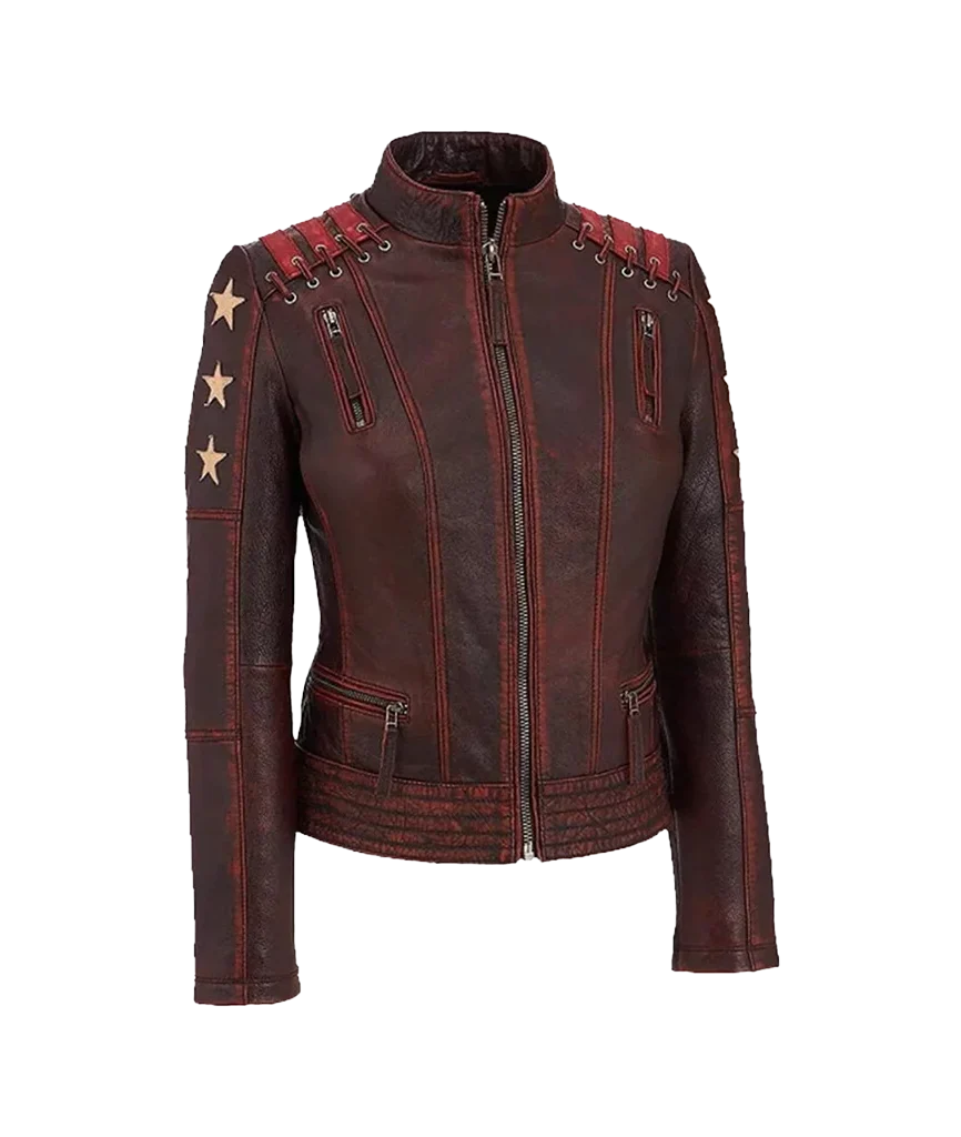 Women’s Distressed Burgundy Leather Star Patch Moto Jacket