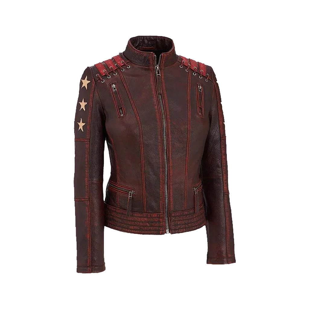 Women’s Distressed Burgundy Leather Star Patch Moto Jacket