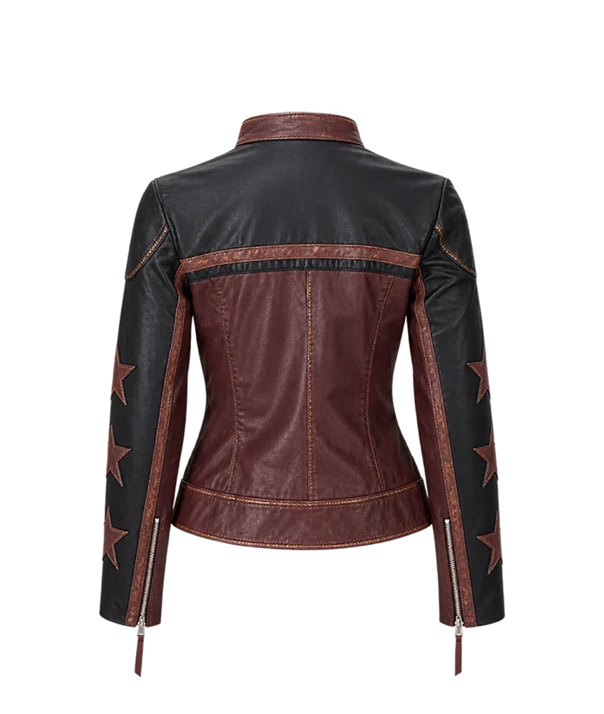 Women’s Distressed Burgundy Leather Star Patch Moto Jacket