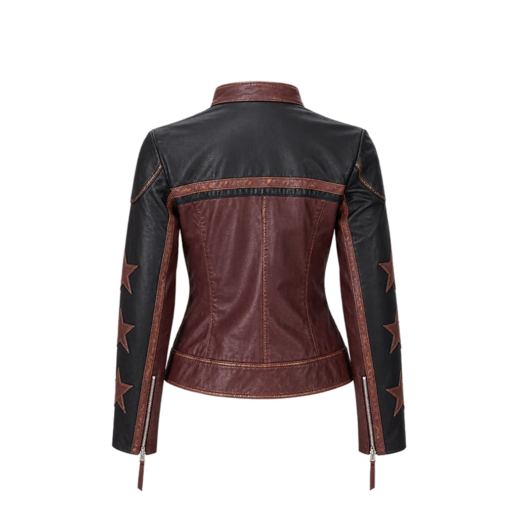 Women’s Distressed Burgundy Leather Star Patch Moto Jacket