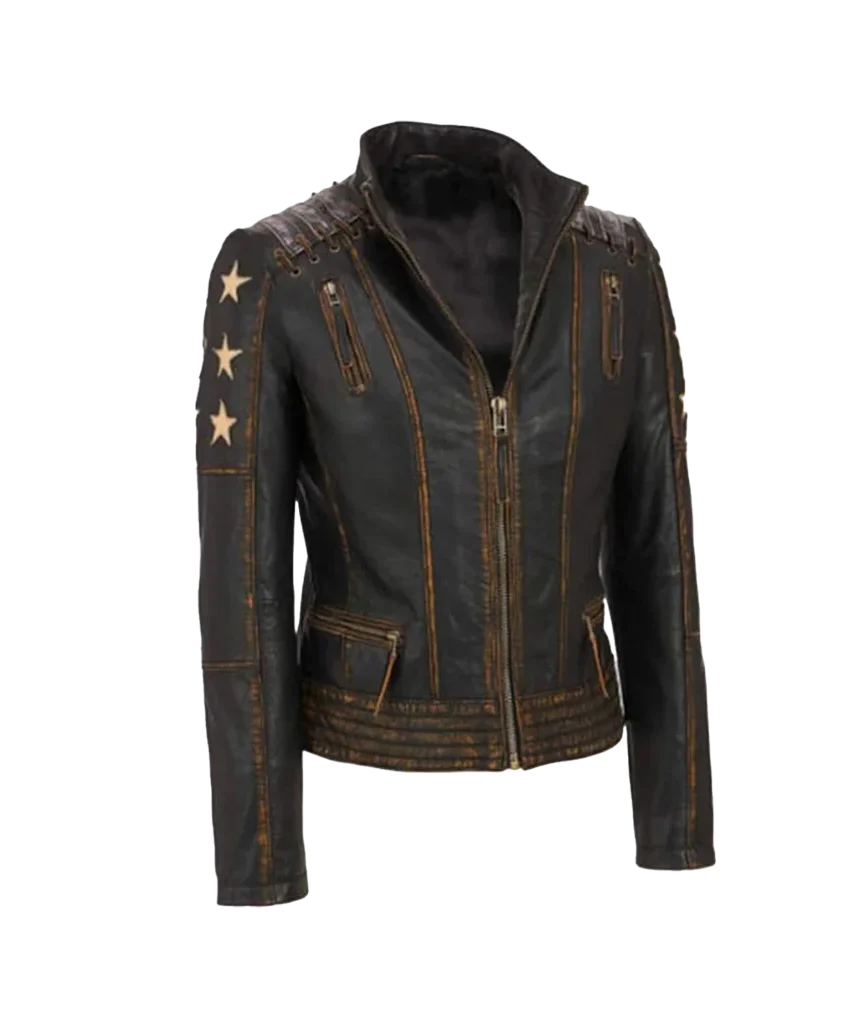 Women’s Distressed Leather Star Patch Moto Jacket