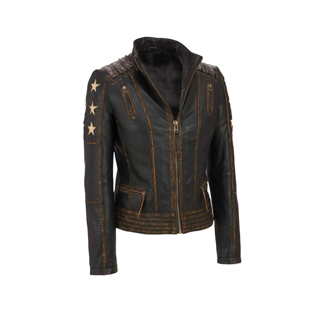 Women’s Distressed Leather Star Patch Moto Jacket