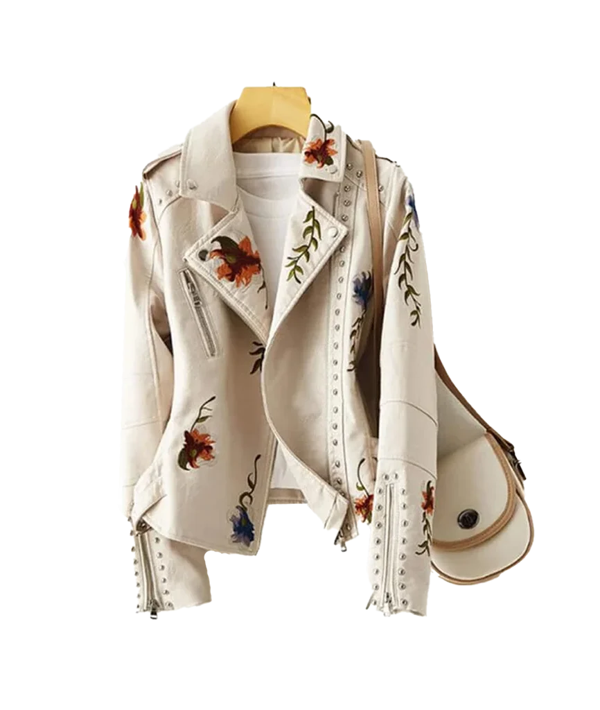 Women’s Floral Embroidered Studded Moto Jacket