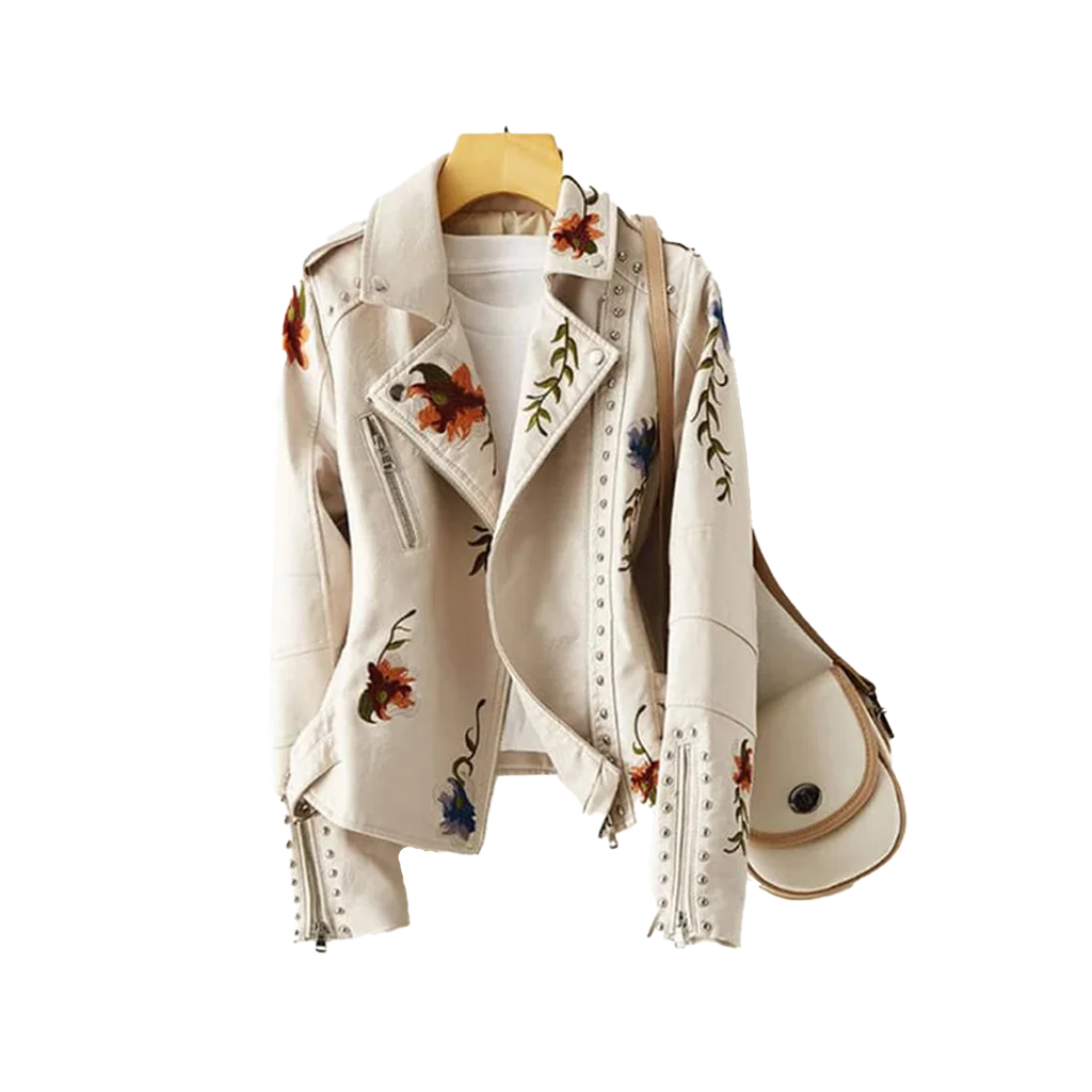 Women’s Floral Embroidered Studded Moto Jacket