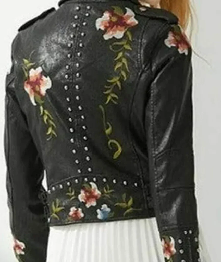 Women’s Floral Embroidered Studded Moto Jacket