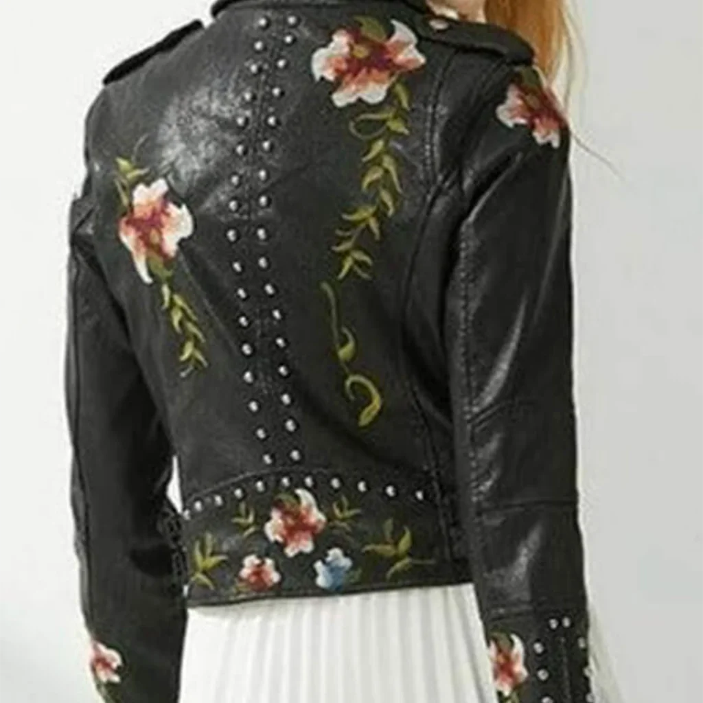 Women’s Floral Embroidered Studded Moto Jacket