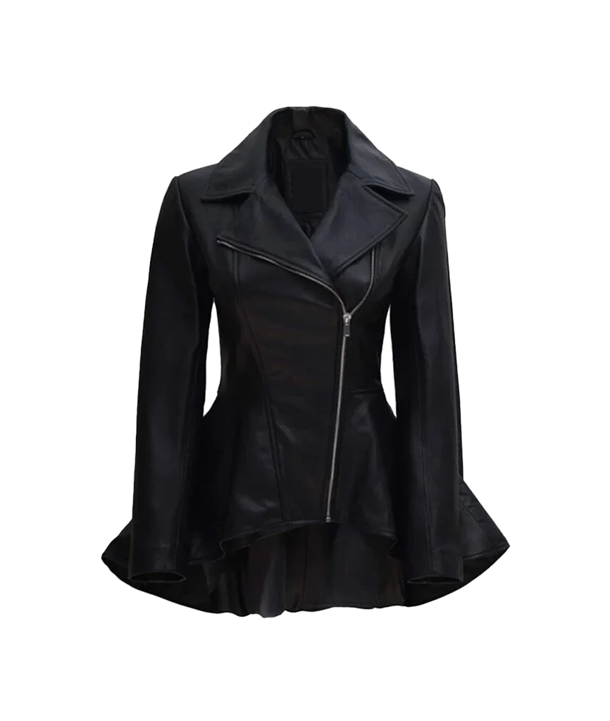Women’s Black Lambskin Leather Asymmetrical Peplum Jacket