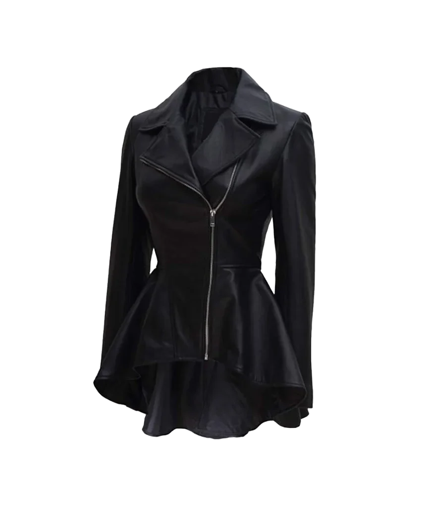 Women’s Black Lambskin Leather Asymmetrical Peplum Jacket