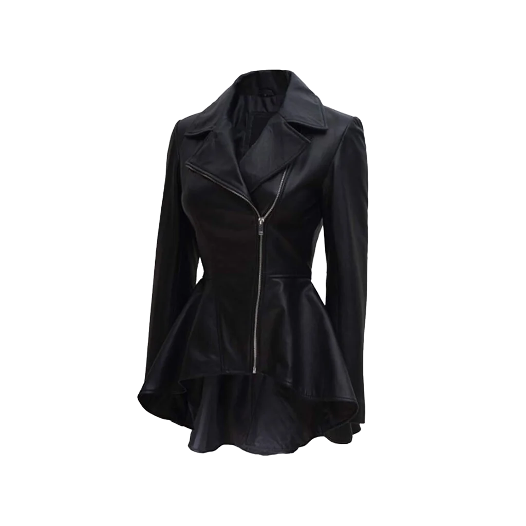 Women’s Black Lambskin Leather Asymmetrical Peplum Jacket