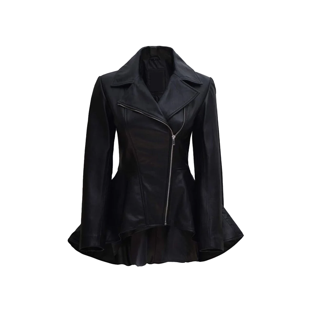 Women’s Black Lambskin Leather Asymmetrical Peplum Jacket