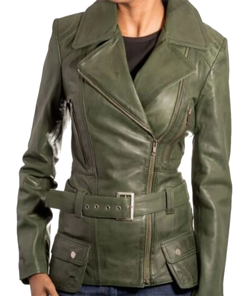 Women’s Belted Asymmetrical Leather Moto Jacket