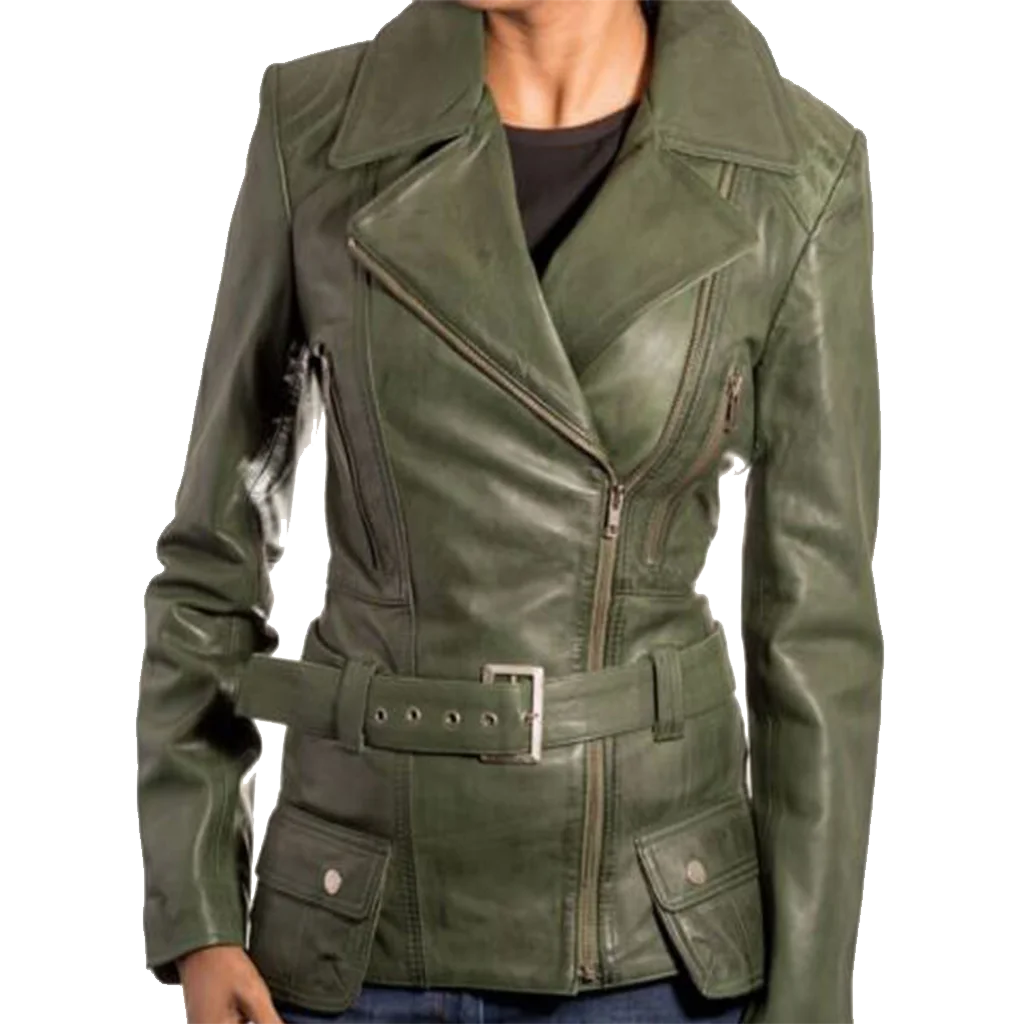 Women’s Belted Asymmetrical Leather Moto Jacket