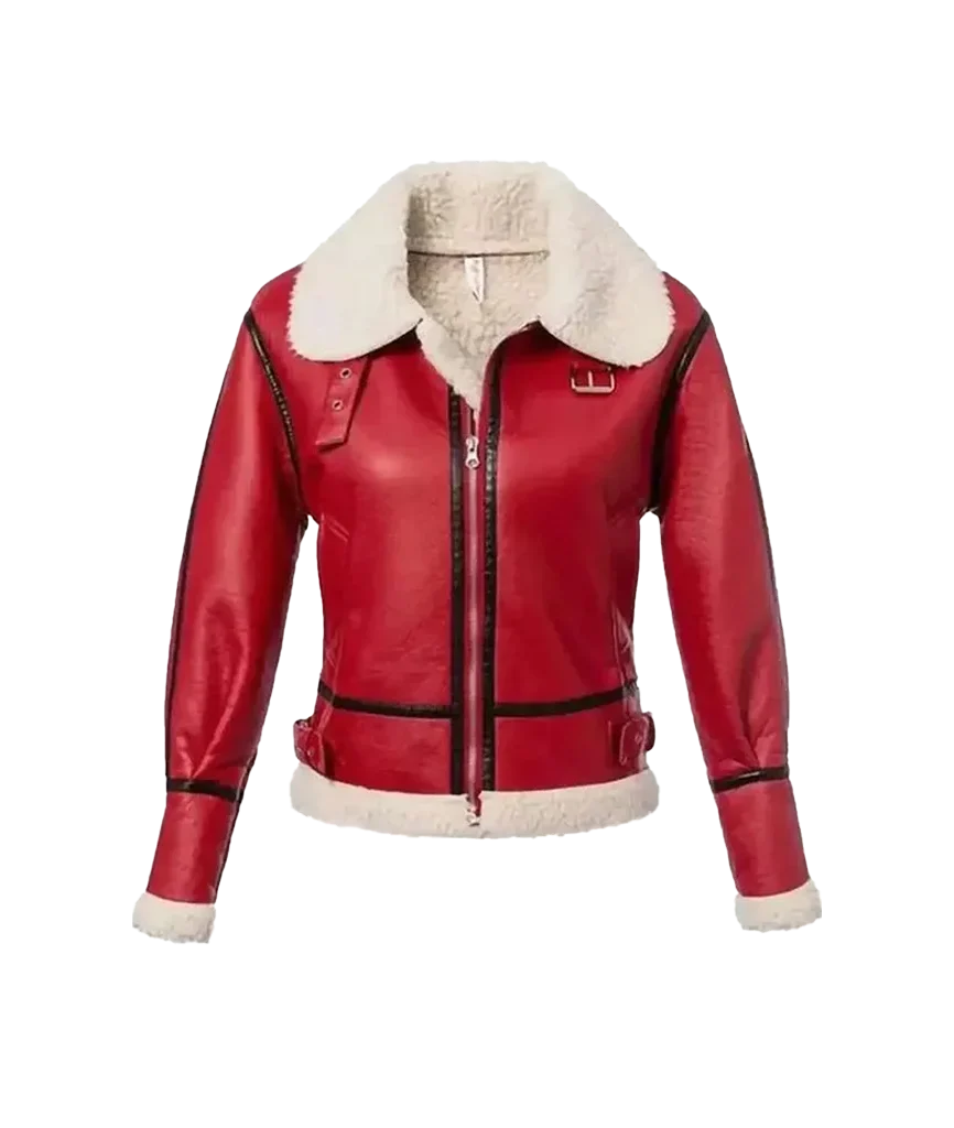 Women’s Red Faux Shearling Aviator Moto Jacket