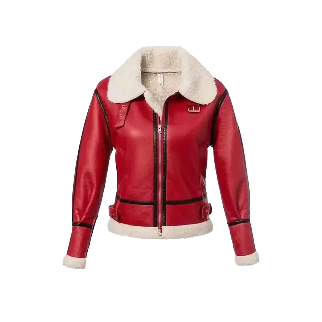 Women’s Red Faux Shearling Aviator Moto Jacket