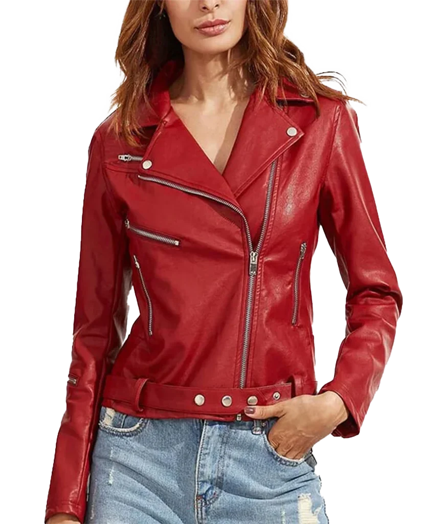 Women’s Classic Red Leather Asymmetrical Moto Jacket