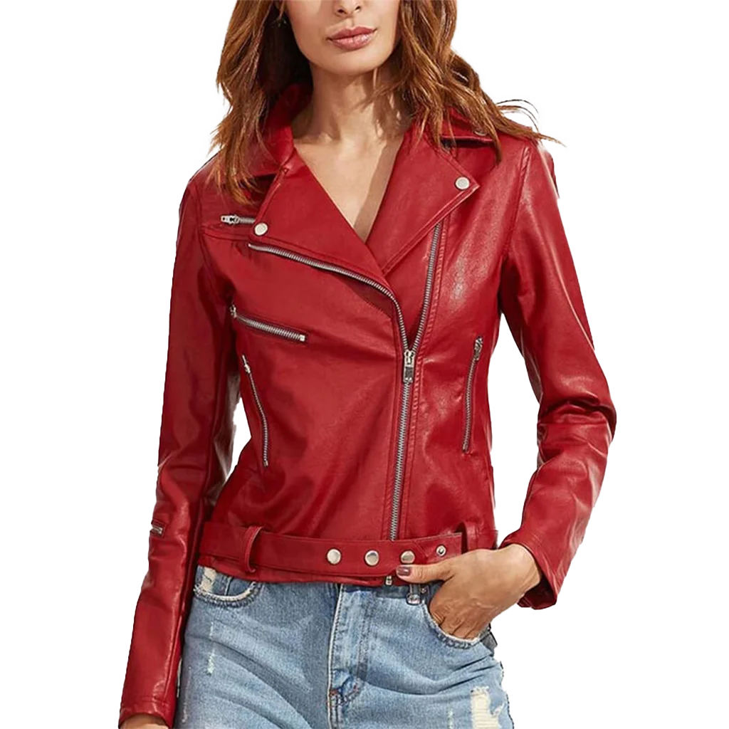 Women’s Classic Red Leather Asymmetrical Moto Jacket