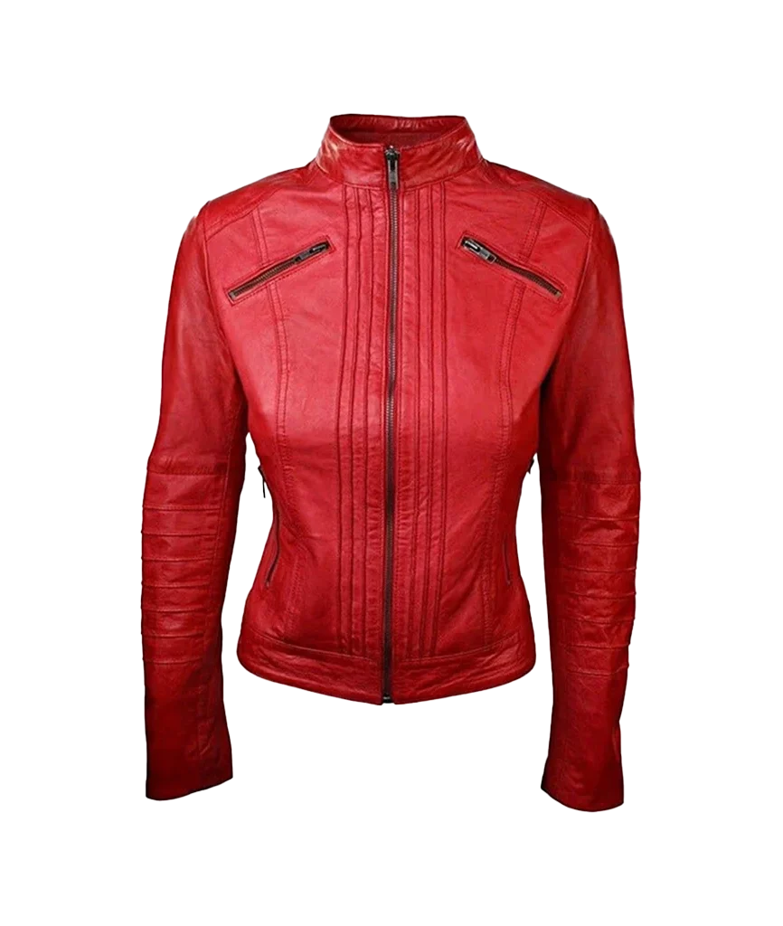 Women’s Red Leather Cafe Racer Moto Jacket