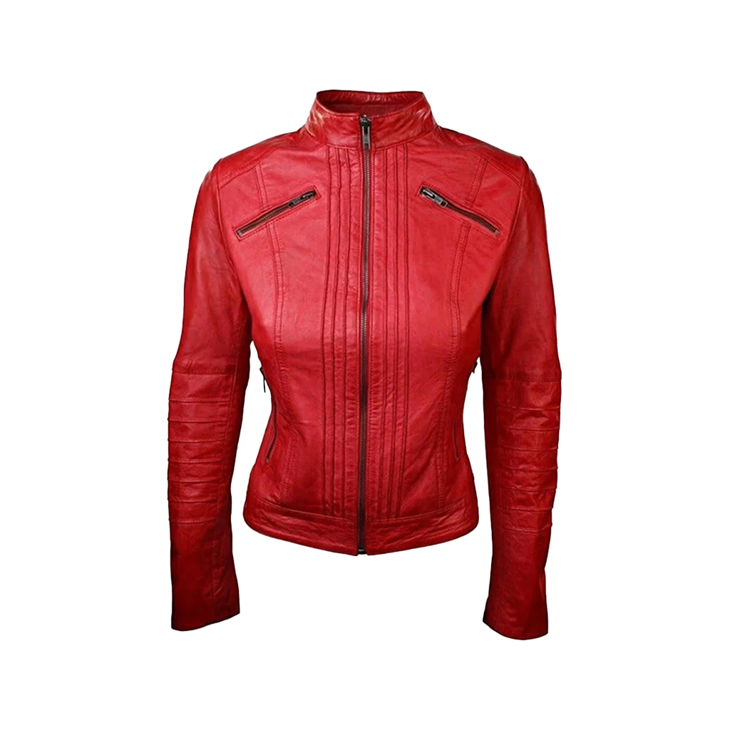 Women’s Red Leather Cafe Racer Moto Jacket