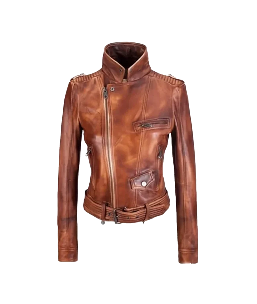 Women’s Vintage Distressed Brown Leather Moto Jacket