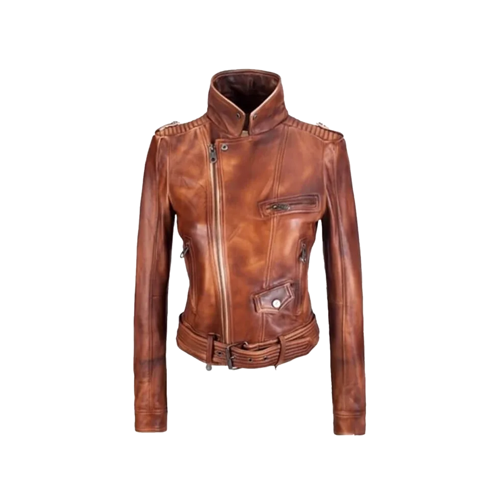 Women’s Vintage Distressed Brown Leather Moto Jacket