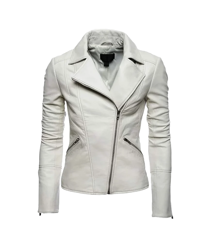 Women’s White Leather Asymmetrical Moto Jacket
