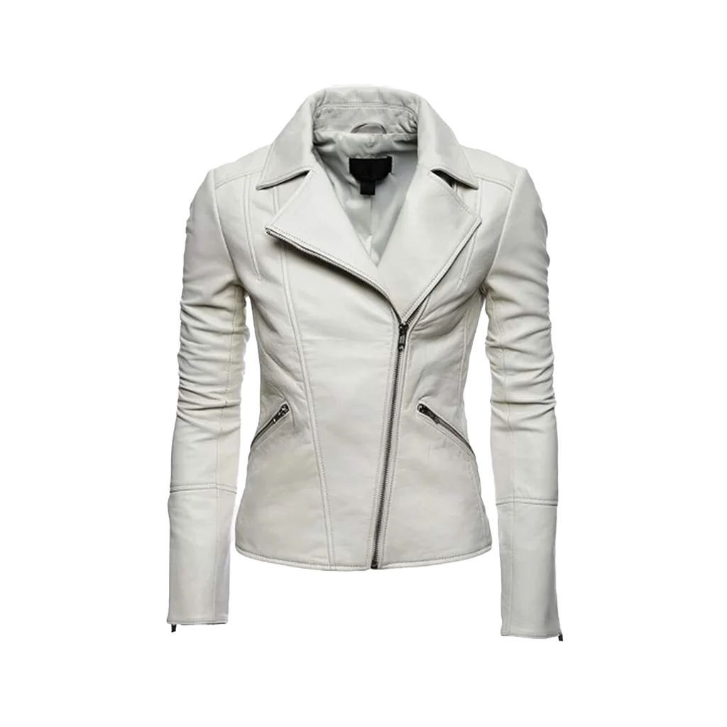 Women’s White Leather Asymmetrical Moto Jacket