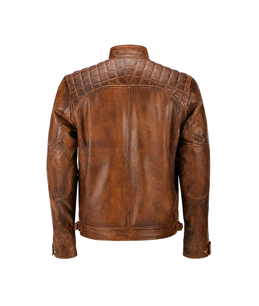 Men’s Distressed Brown Quilted Leather Biker Jacket