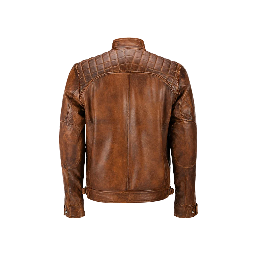 Men’s Distressed Brown Quilted Leather Biker Jacket