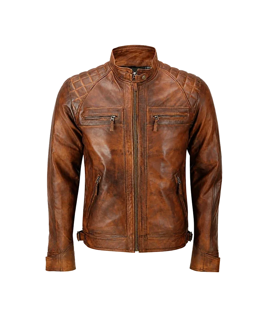 Men’s Distressed Brown Quilted Leather Biker Jacket