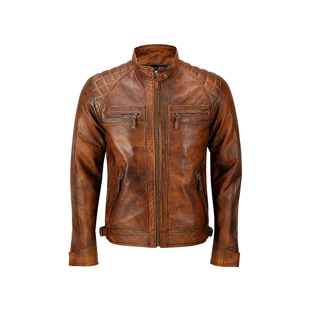 Men’s Distressed Brown Quilted Leather Biker Jacket