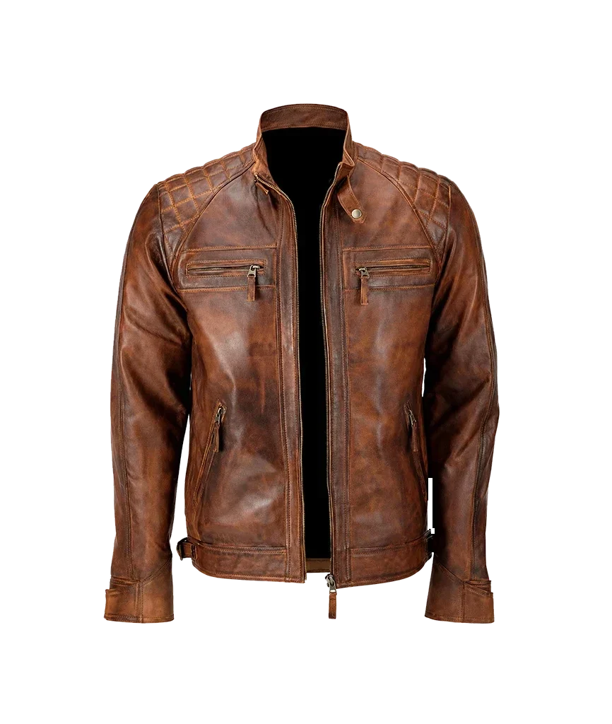 Men’s Distressed Brown Quilted Leather Biker Jacket