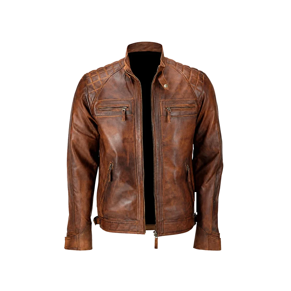 Men’s Distressed Brown Quilted Leather Biker Jacket