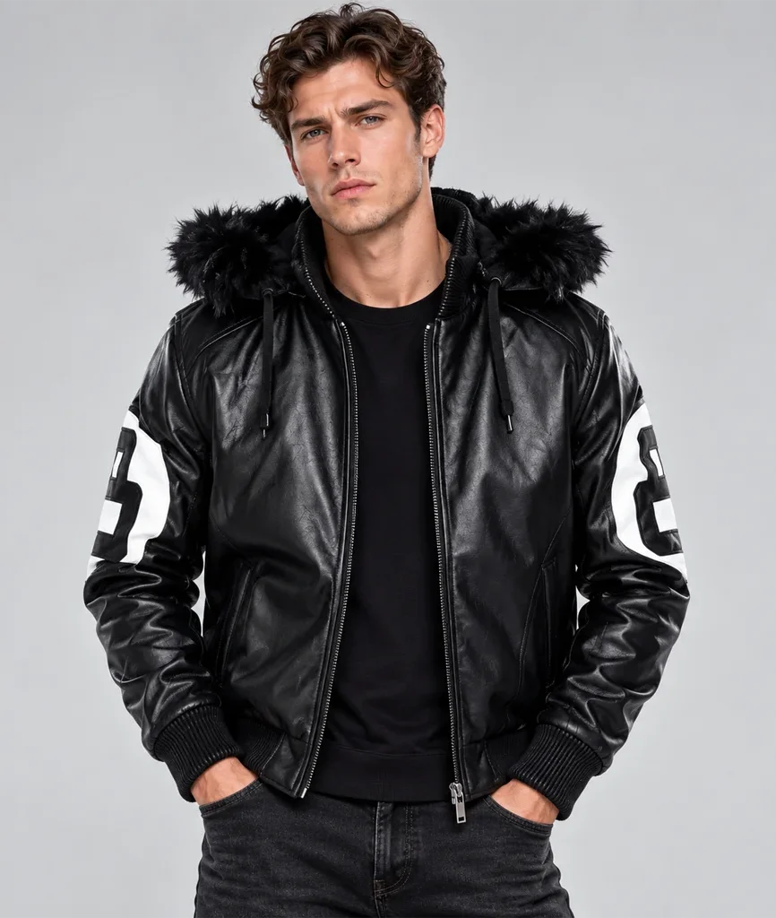 Men’s Black Hooded 8-Ball Bomber Jacket