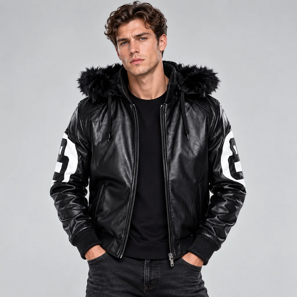 Men’s Black Hooded 8-Ball Bomber Jacket
