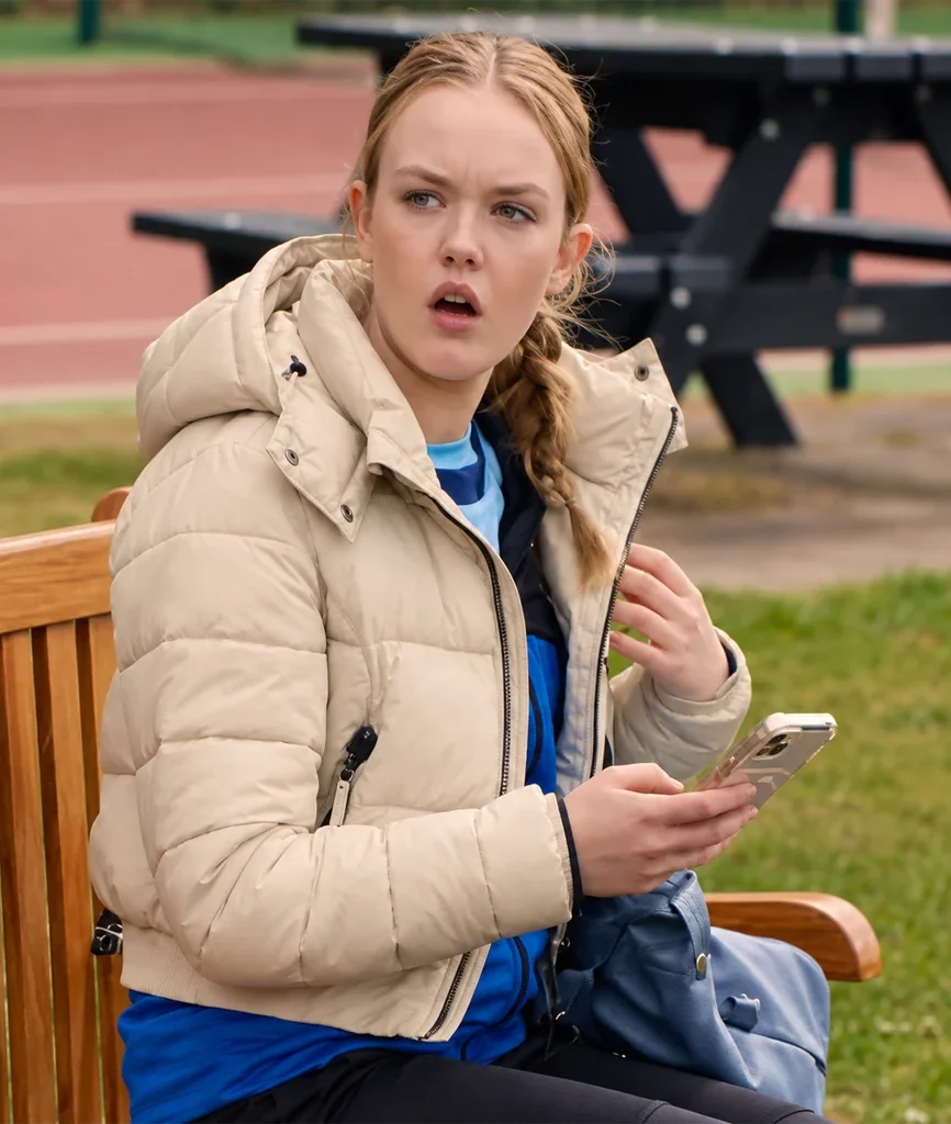 Abby Walker Fool Me Once Beige Hooded Puffer Jacket