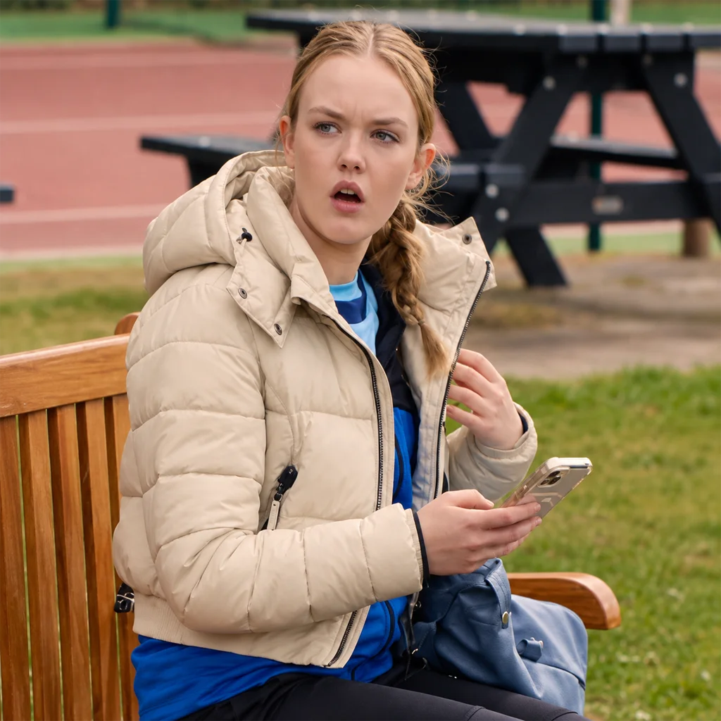 Abby Walker Fool Me Once Beige Hooded Puffer Jacket