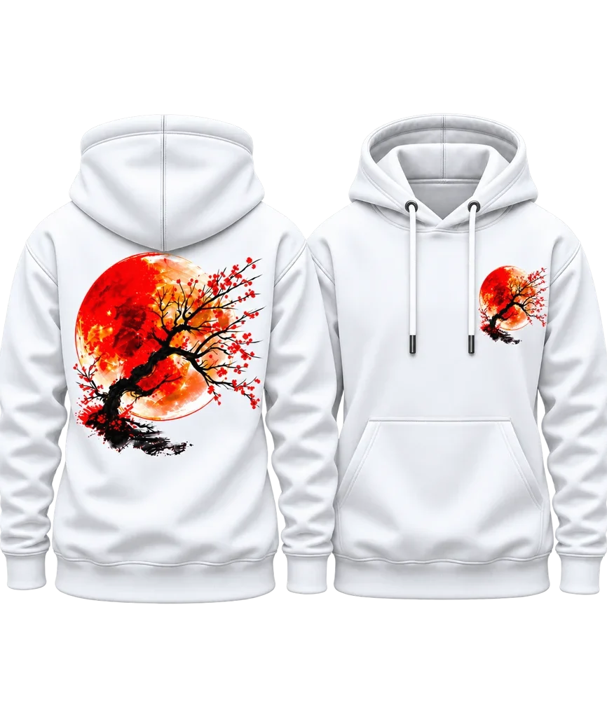 Anime Red Sun Cherry Blossom Bonsai Dual-Print White Hoodie